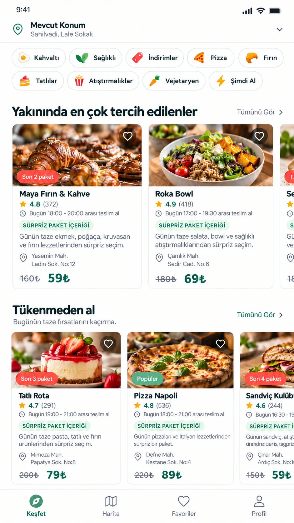 Taze Fazla uygulaması, Keşfet ekranı